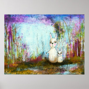 Poster Escola da Natureza, Mamãe e Bebês Coelhos Abstra