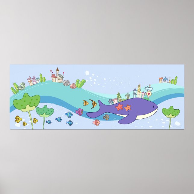 Póster Escola de peixes nadando na cidade submarina (Frente)