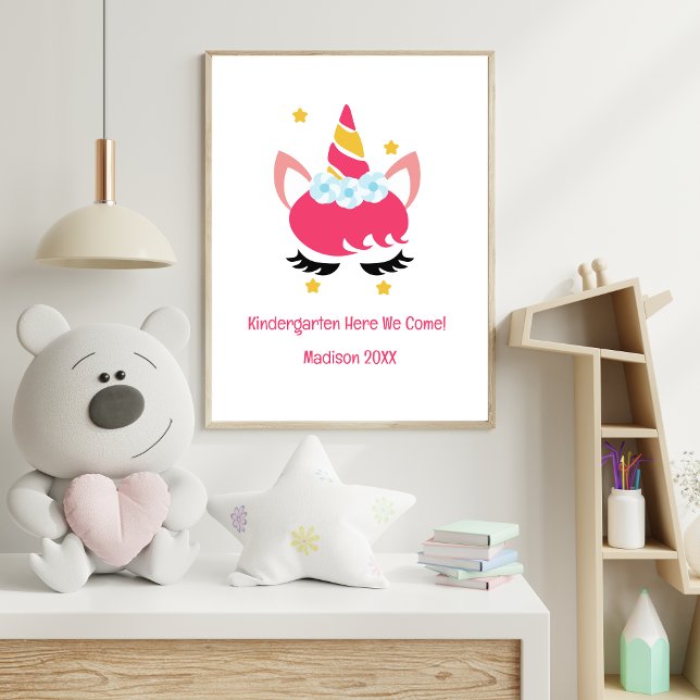 Poster Escola Maternal Unicórnio Rosa Qualquer Ano (Pink Unicorn Kindergarten 1st Grade Grade School Personalized Poster for Girls)