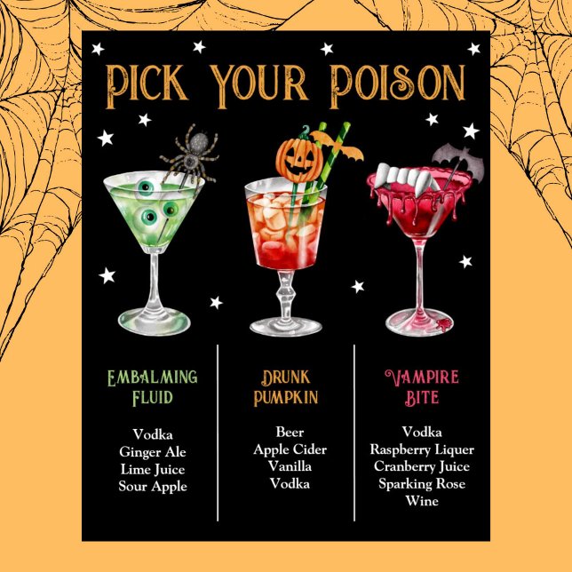 Poster Escolha seu menu coquetel do Dia das Bruxas 3 (Pick Your Poison Halloween 3 Cocktail Menu Poster)