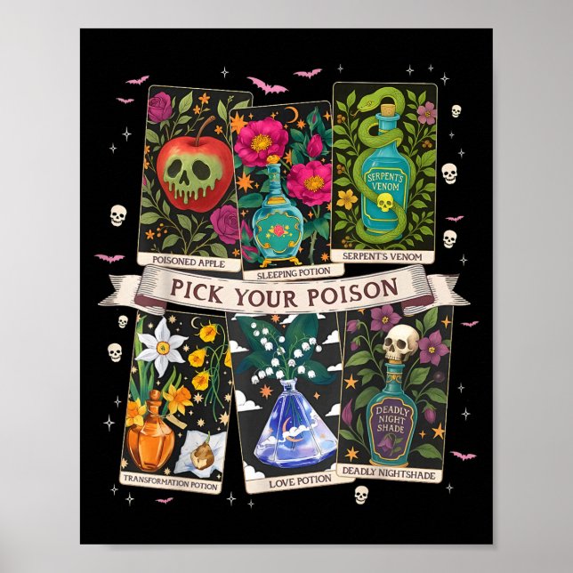 Poster Escolha Seus Venenos Divertidos Bebidas Poções Fel (Frente)