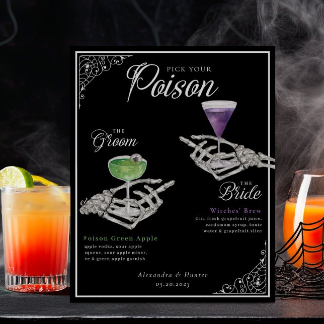 Poster Escolha sua noiva de esqueleto venenosa e coquetéi (Pick Your Poison Skeleton Bride & Groom Cocktails Poster)