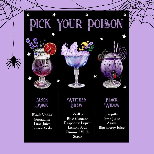 Poster Escolhe O Menu Cocktail Do Vôson Witchy Halloween  (Pick Your Poison Witchy Halloween 3 Cocktail Menu Poster)
