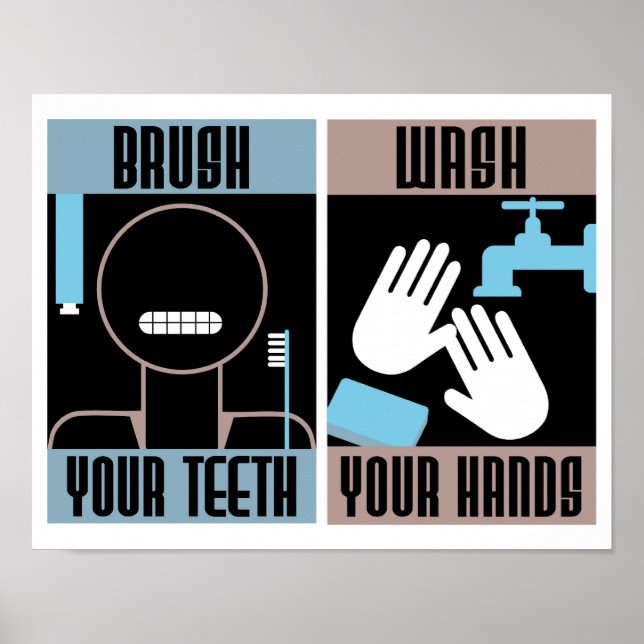Póster Escove seus Dentes Lave suas Mãos pôster retrô (Frente)