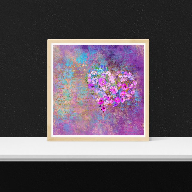 Poster Escrita manual Dourada de coração Floral (Criador carregado)