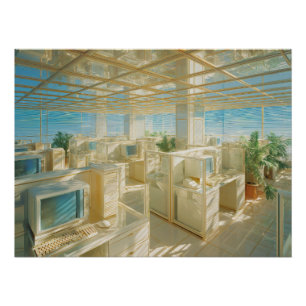 Póster Escritório Dourado Surreal com Computadores Antigo