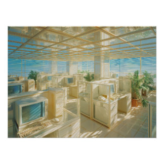 Póster Escritório Dourado Surreal com Computadores Antigo