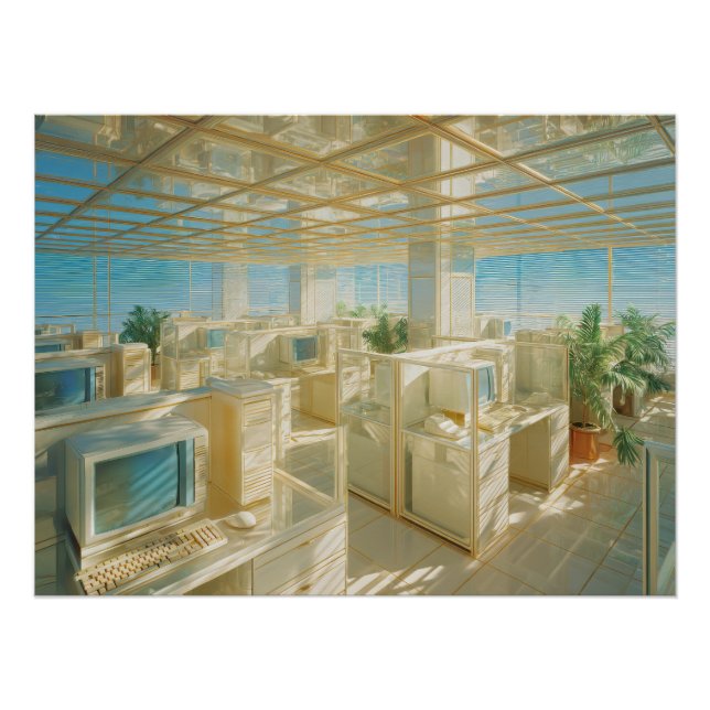 Póster Escritório Dourado Surreal com Computadores Antigo (Frente)