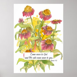 Poster Escritura James 4:8 Bíblia Verso Flor Religioso