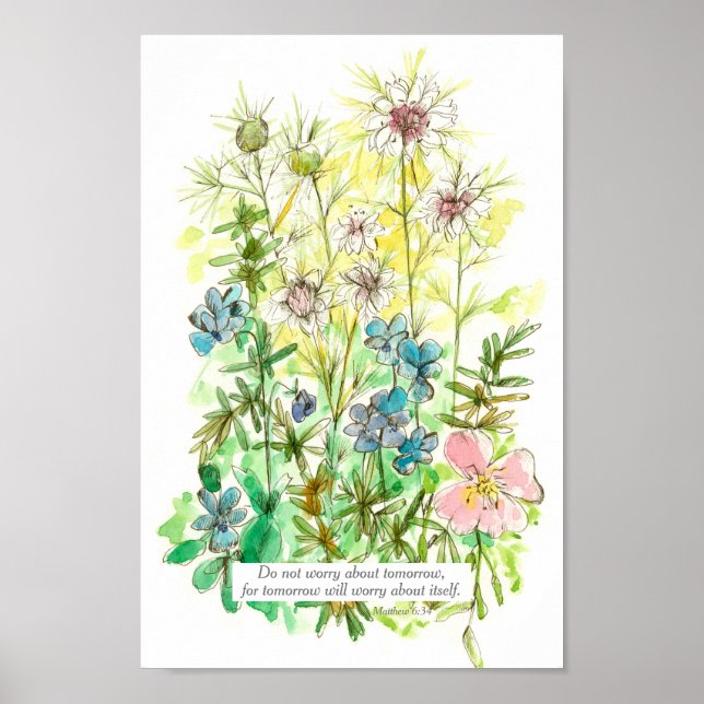 Poster Escritura Mateus 6:34 Flores de Jardim Verso de Bí (Frente)