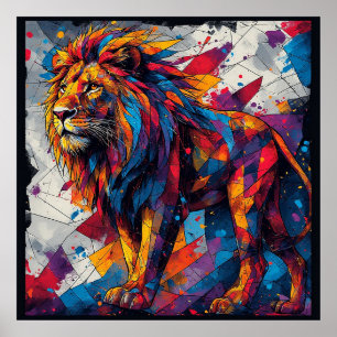 Poster Escultura de Leão em Mosaico Colorido