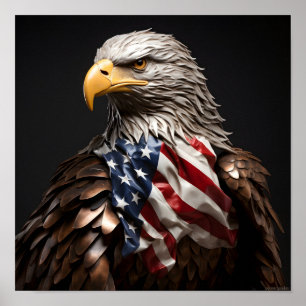 Poster Escultura metálica Bald Eagle com bandeira america
