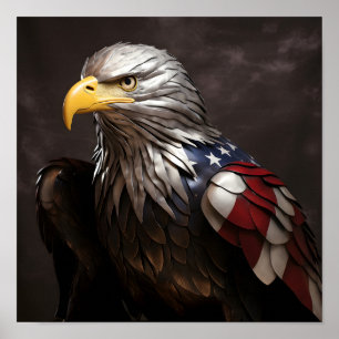 Poster Escultura metálica Bald Eagle com bandeira america