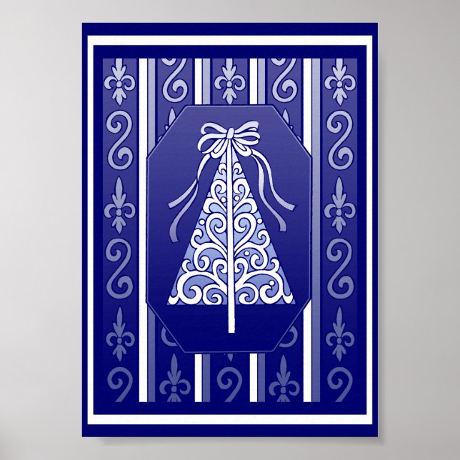 Póster Escuridão Azul E Brancos Grelha Árvore de Natal (Frente)