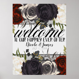 Poster Escuro Glamour Botânico Floral Bem-vindo Casamento