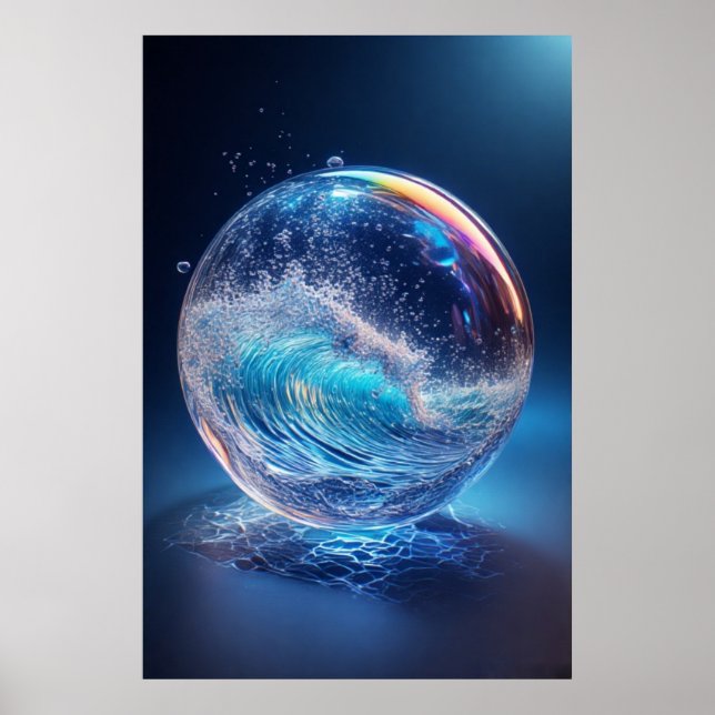 Poster Esfera de Vidro Surreal com Ondas de Água Dinâmica (Frente)