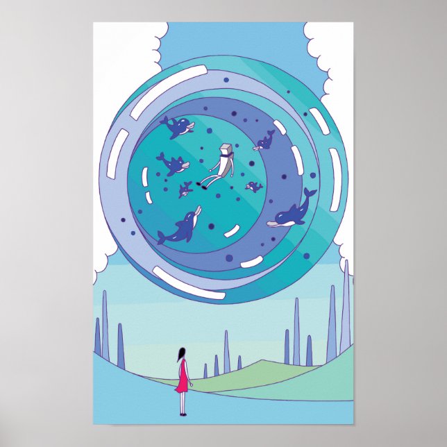 Poster Esfera flutuante com golfinhos nadando dentro dela (Frente)