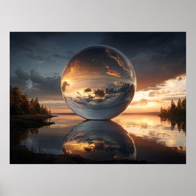 Poster Esfera Reflexiva Surreal com Nuvens de Pôr do Sol  (Frente)