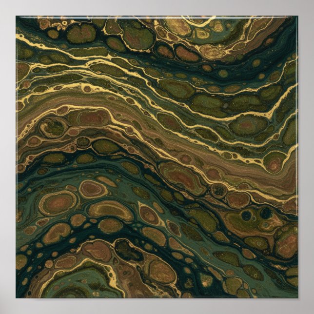 Poster Esmeralda & Ouro: Textura Abstrata Marmoreada Flui (Frente)