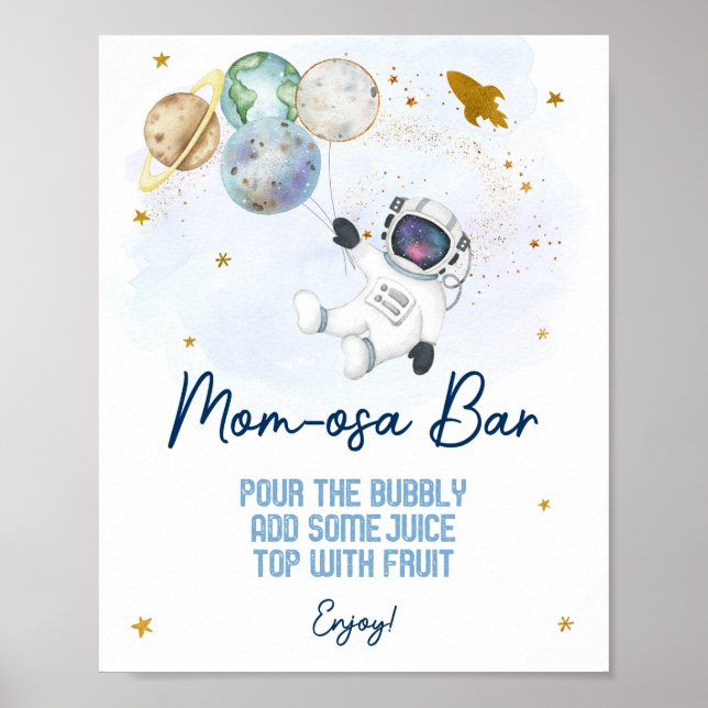 Poster Espaço Astronauta Chá de fraldas Azul Dourado Bar  (Frente)