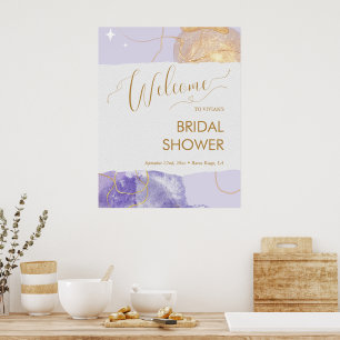 Poster Espaço Dourado Roxo de Aquarela Boas-Vindas Chá de