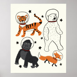 Poster Espaço é Ilustração de Astronautas Animais Selvage