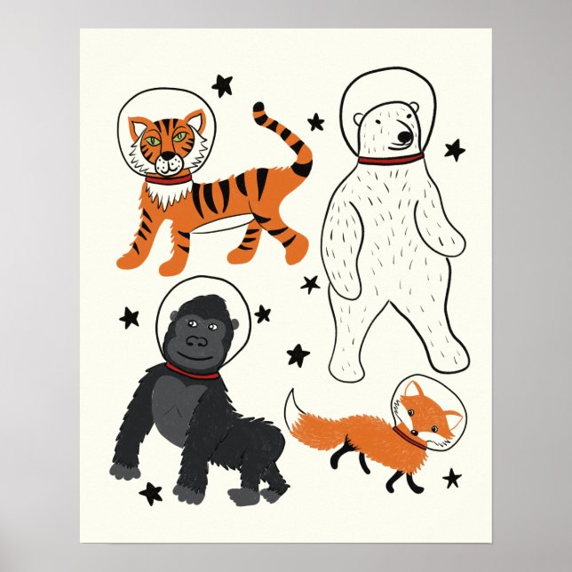 Poster Espaço é Ilustração de Astronautas Animais Selvage (Frente)
