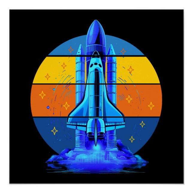 Póster Espaçonave Ônibus Espacial Azul Vintage (Frente)