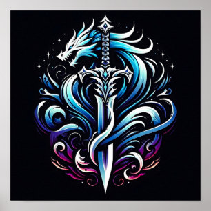 Poster Espada de Dragão Místico Guerreiro de Fantasia Cha