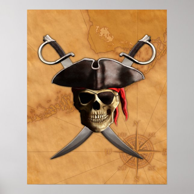 Póster Espadas E Mapa Do Crânio Pirata (Frente)