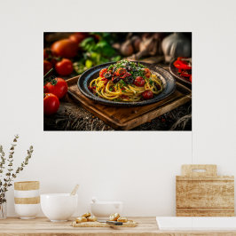 Poster Espaguete Puttanesca com Tomates frescos e Olive