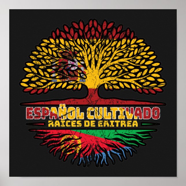 Poster Espanha Eritreia Bandeira Raízes da Árvore Espanho (Frente)