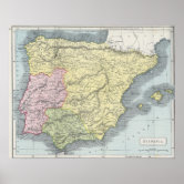 Póster Mapa de Século 19 Espanha e Portugal 