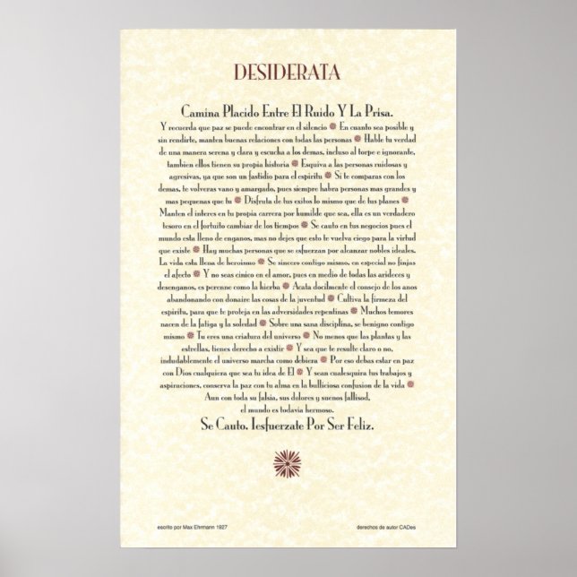 Póster Espanhol DESIDERATA Poster=Max Ehrmann=Pergaminho (Frente)