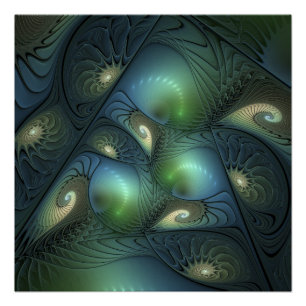 Póster Espirais Bege Verde Turquesa Arte Fractal Abstrata
