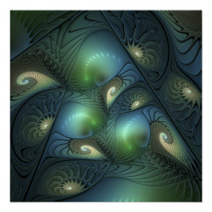 Póster Espirais Beige Turquesa Verde Abstrato Arte Fracta