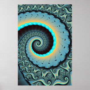 Poster Espiral de Arte Fractal Laranja abstrato azul Turq
