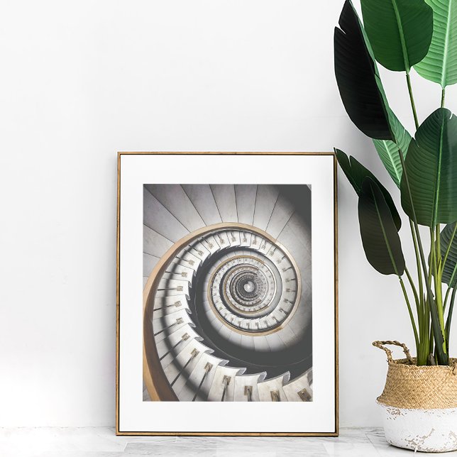 Poster Espiral Espiral (Spiral Staircase Poster in a golden frame with matte next to large boho plant.)