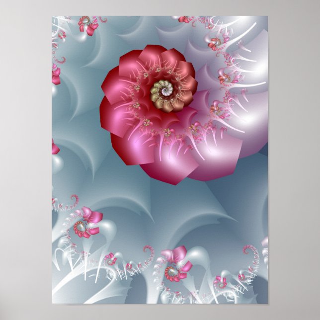 Poster Espiral Fractal Rosa de Prata em Rosa e Cinza (Frente)