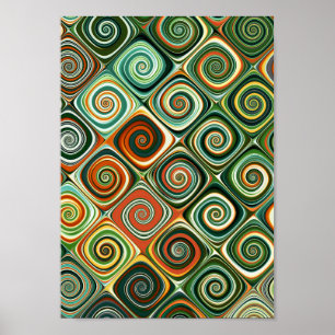 Poster Espiral Geométrica Abstrata Verde e Laranja Xadrez