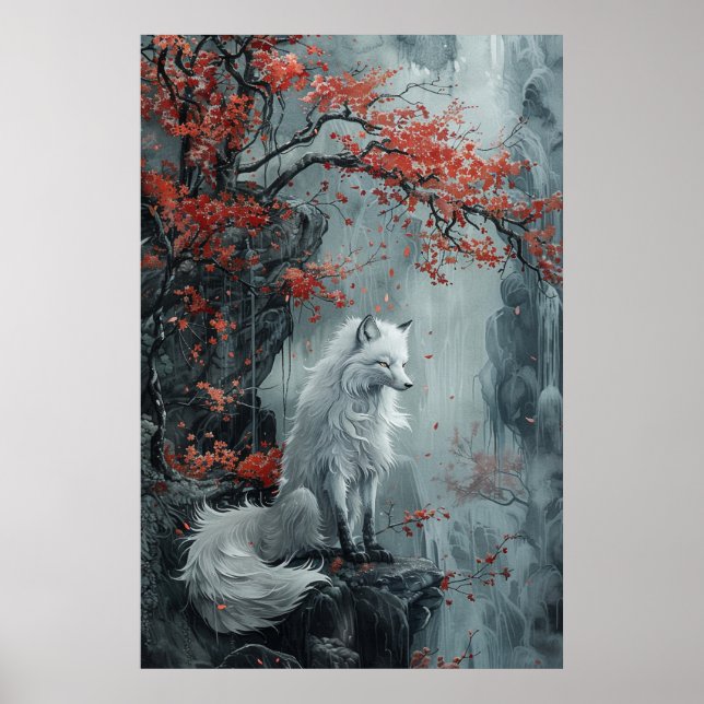 Poster Espírito Kitsune – Raposa Japonesa no Bosque em Fl (Frente)