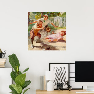 Póster Esportes Vintage, Crianças Jogam Baseball Stickbal