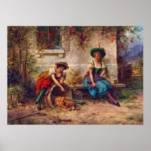 Poster Esposas De Vintage Em Cachorro Vermelho Azul E Mar