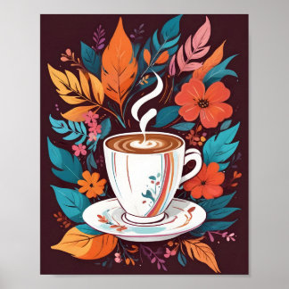Poster Espresso Café - Arte com folhas coloridas
