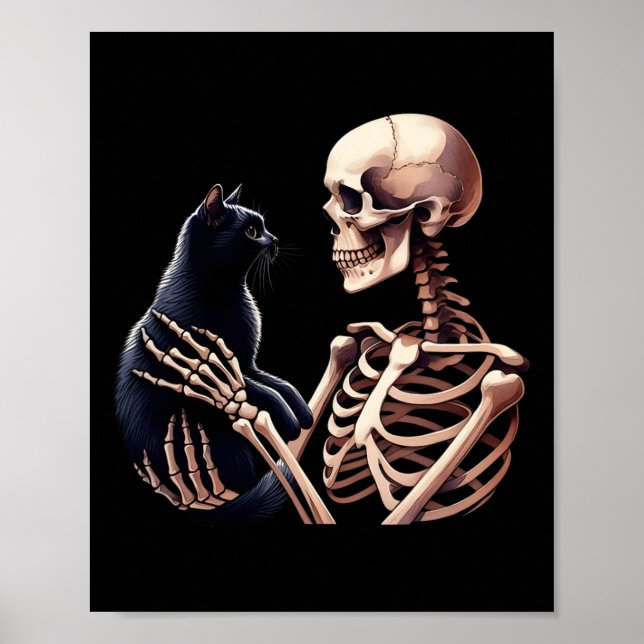Poster Esqueleto Brincando Com Um Gato Gráfico Crânio Amo (Frente)