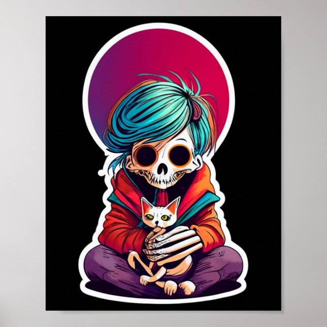 Poster Esqueleto De Anime Segurando Uma Camisa De Gato No (Frente)