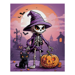 Póster esqueleto de Halloween com gato preto e abóbora