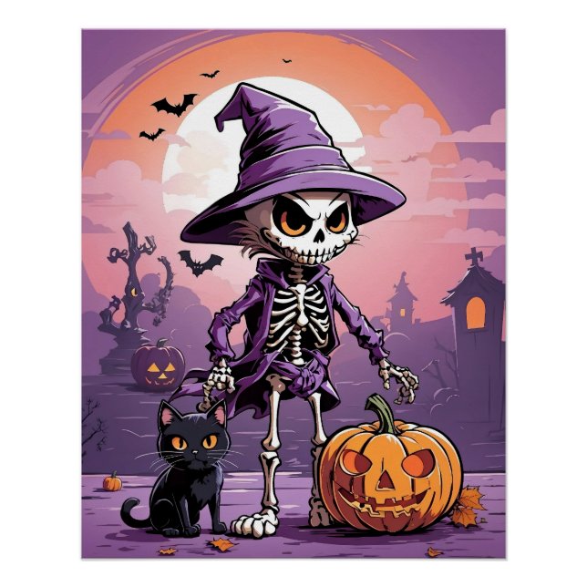 Póster esqueleto de Halloween com gato preto e abóbora (Frente)