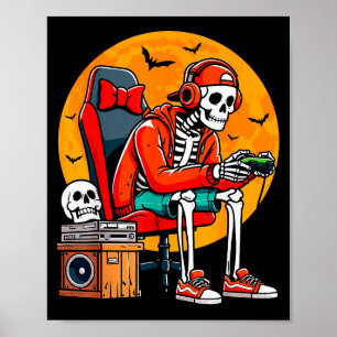 Poster Esqueleto de Halloween Gamer Vídeo Engraçado Jogos