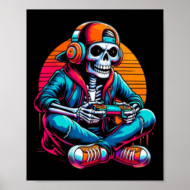Poster Esqueleto de Halloween Gamer Vídeo Jogos  (Frente)